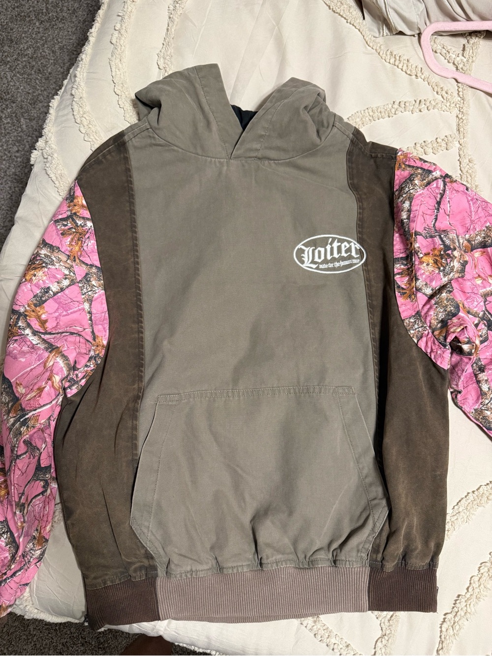 Women’s Hooded Sweatshirt in Olive with Pink Camo Sleeves